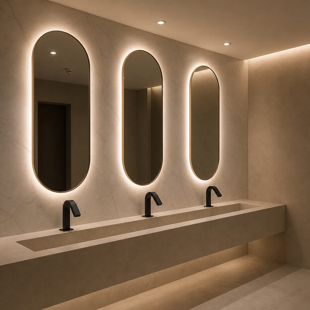 Commercial touchless faucet installation planning with plumbing and service access